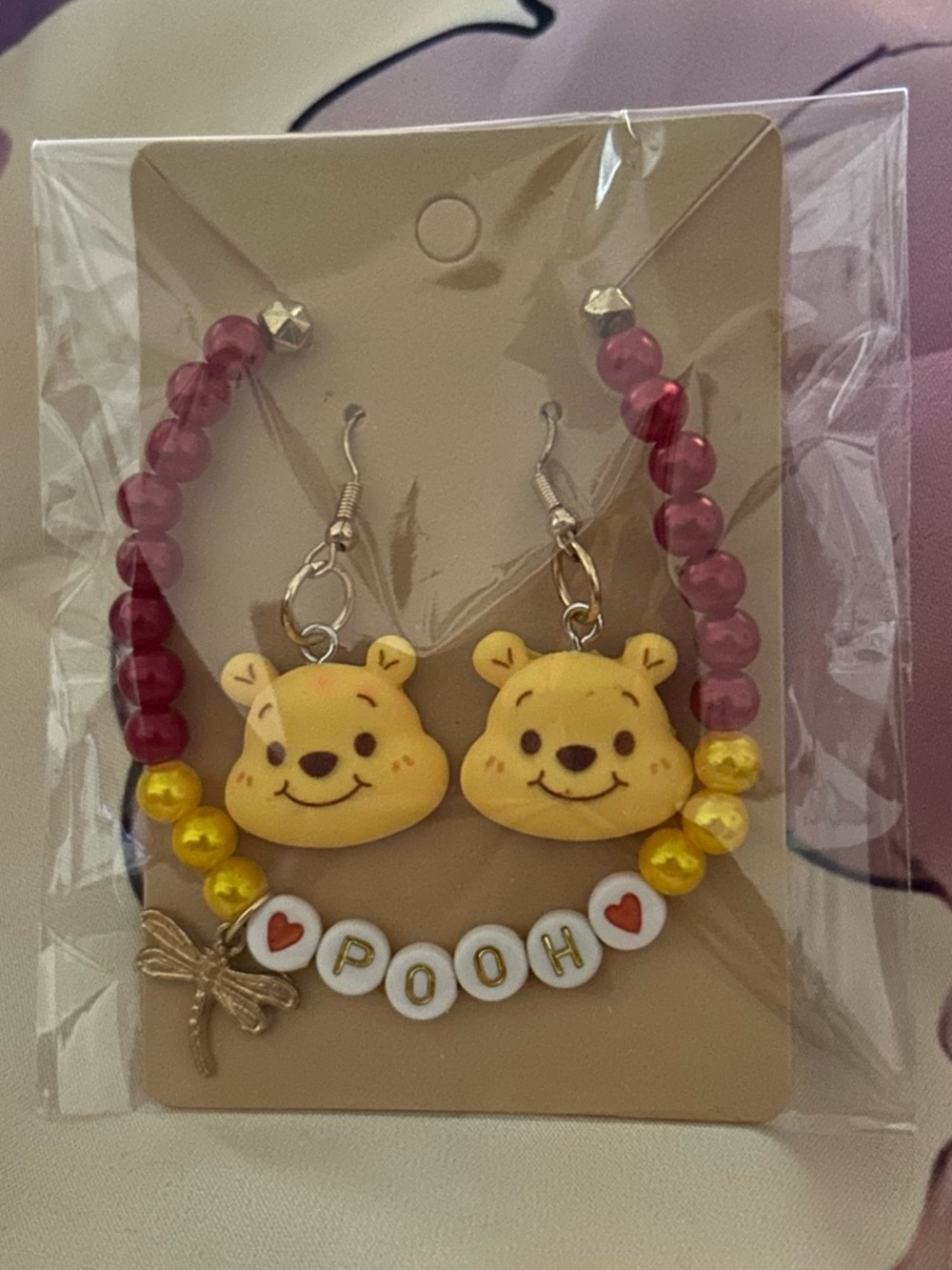 Pooh Winnie Yellow & Red Bracelet and Earring Set